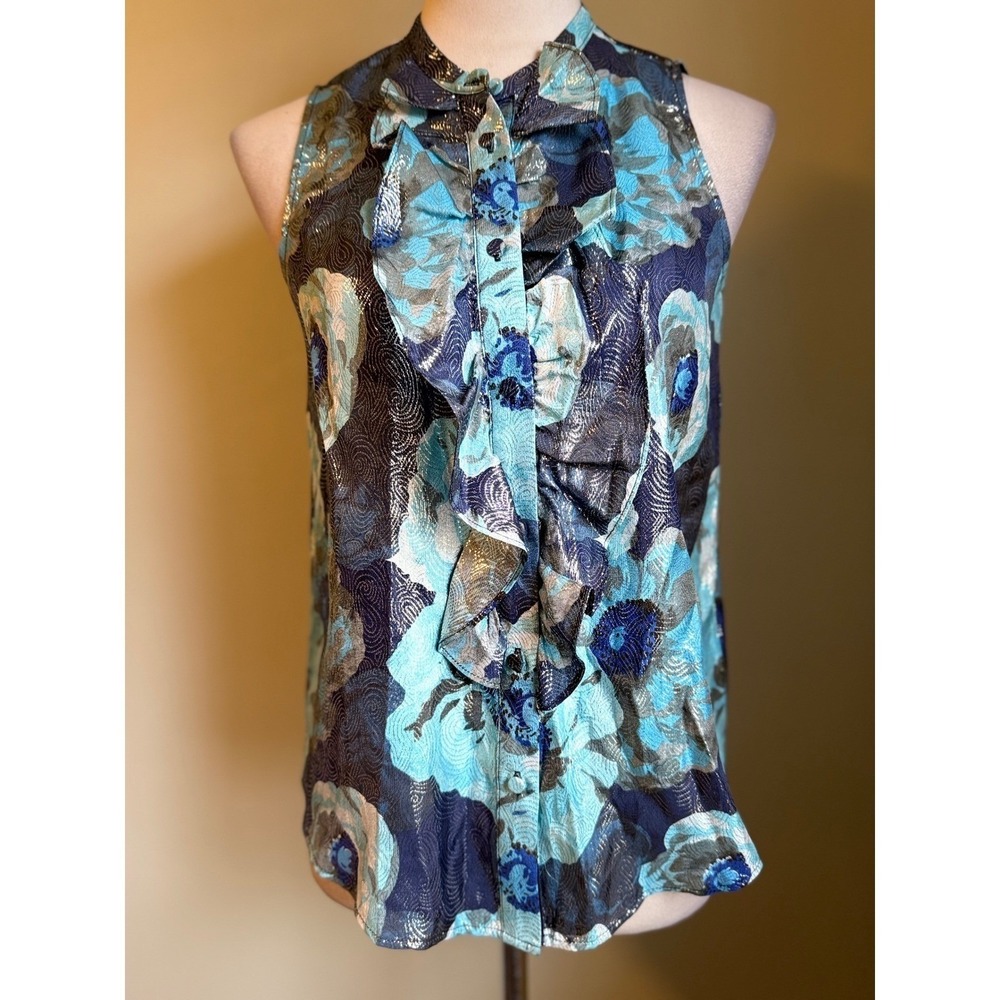 J. Crew Sleeveless Ruffle Floral Metallic Silk Blend Blouse XXS boho fairy Y2K